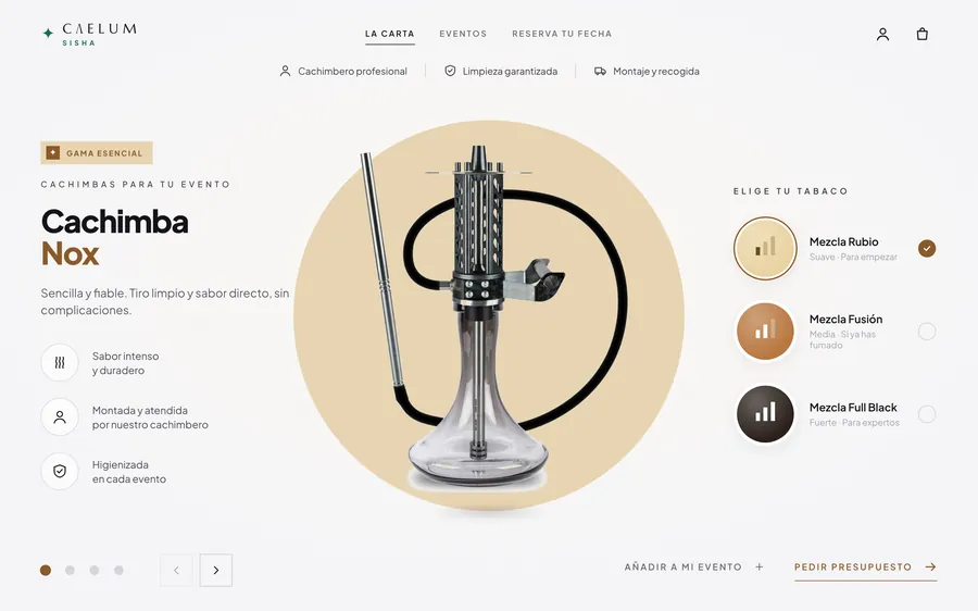 Web de Caelum Sisha: la cachimba Nox sobre un círculo arena