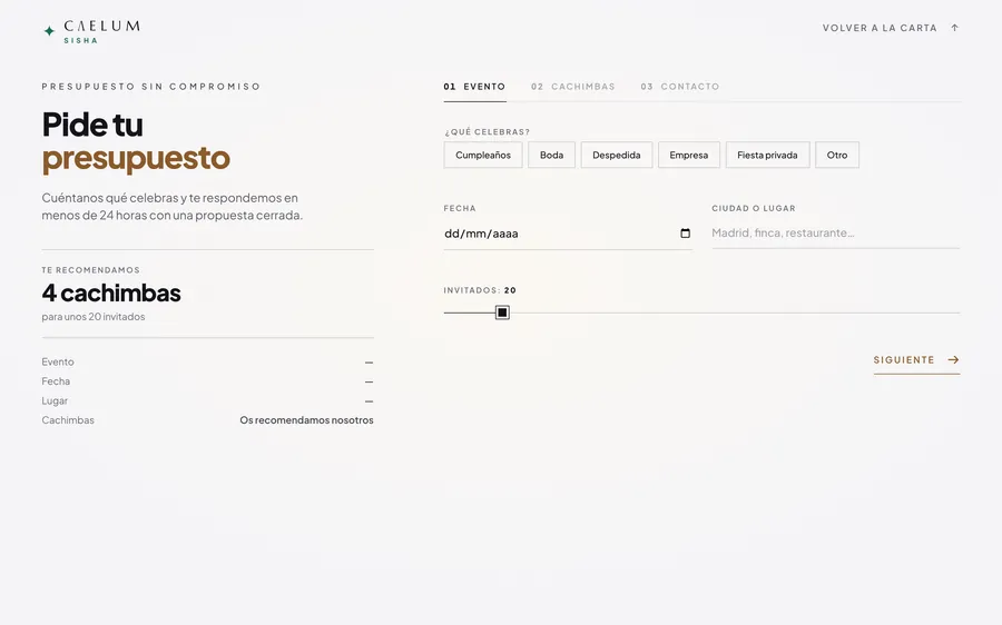 Web de Caelum Sisha: el presupuesto en tres pasos