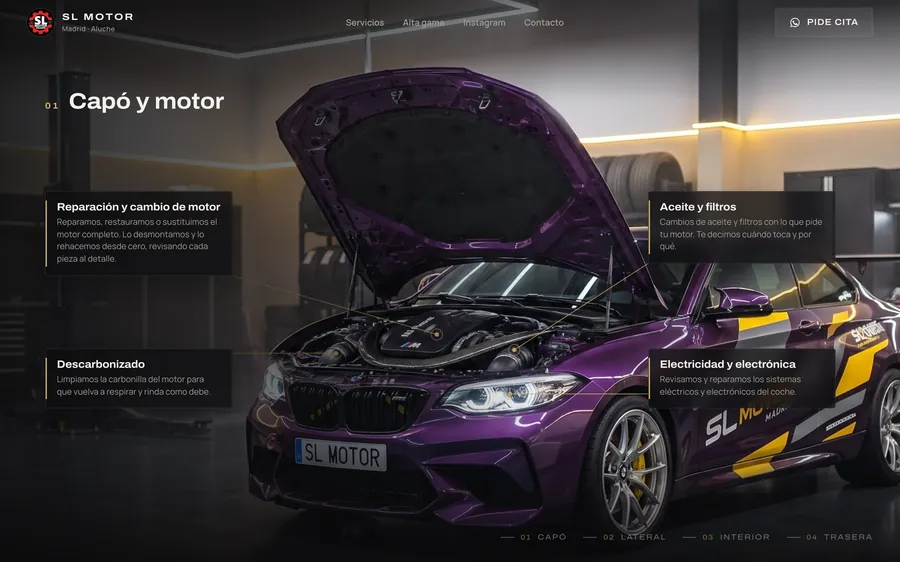 Web de SL Motor: el capó abierto con los servicios de motor