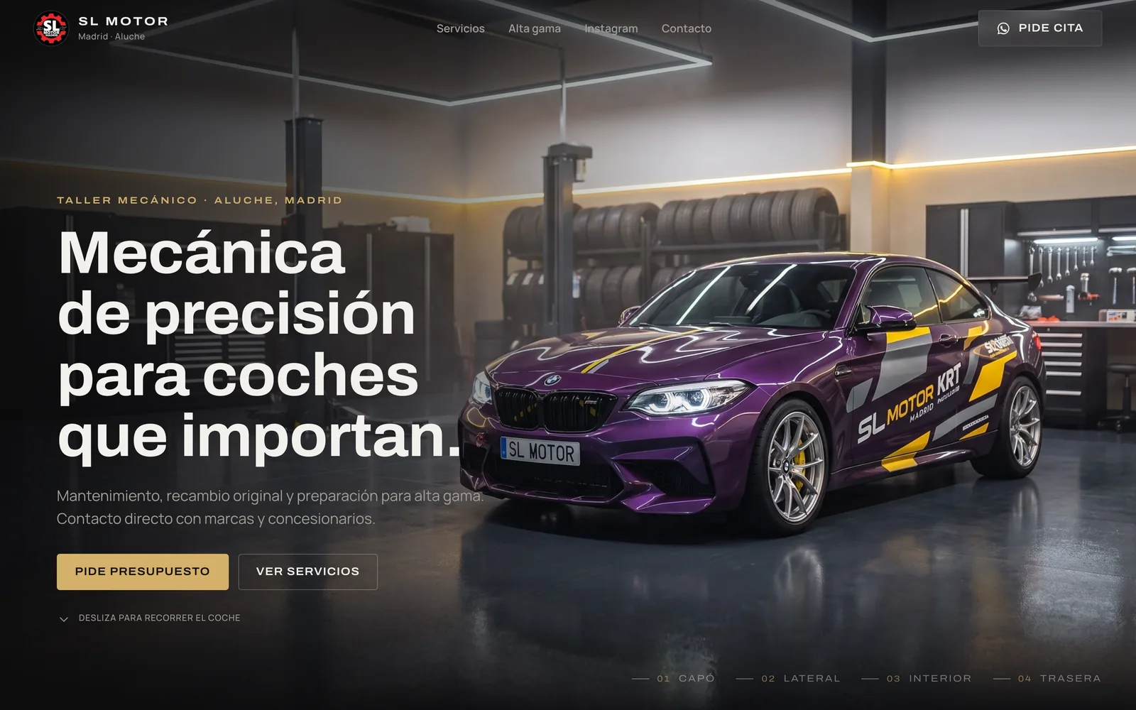 Portada de la web de SL Motor: un BMW M2 morado en el taller