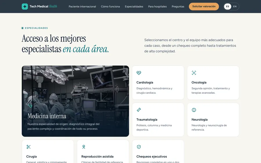 Web de Tech Medical Health: las especialidades médicas