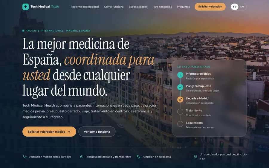 Web de Tech Medical Health: Madrid al atardecer