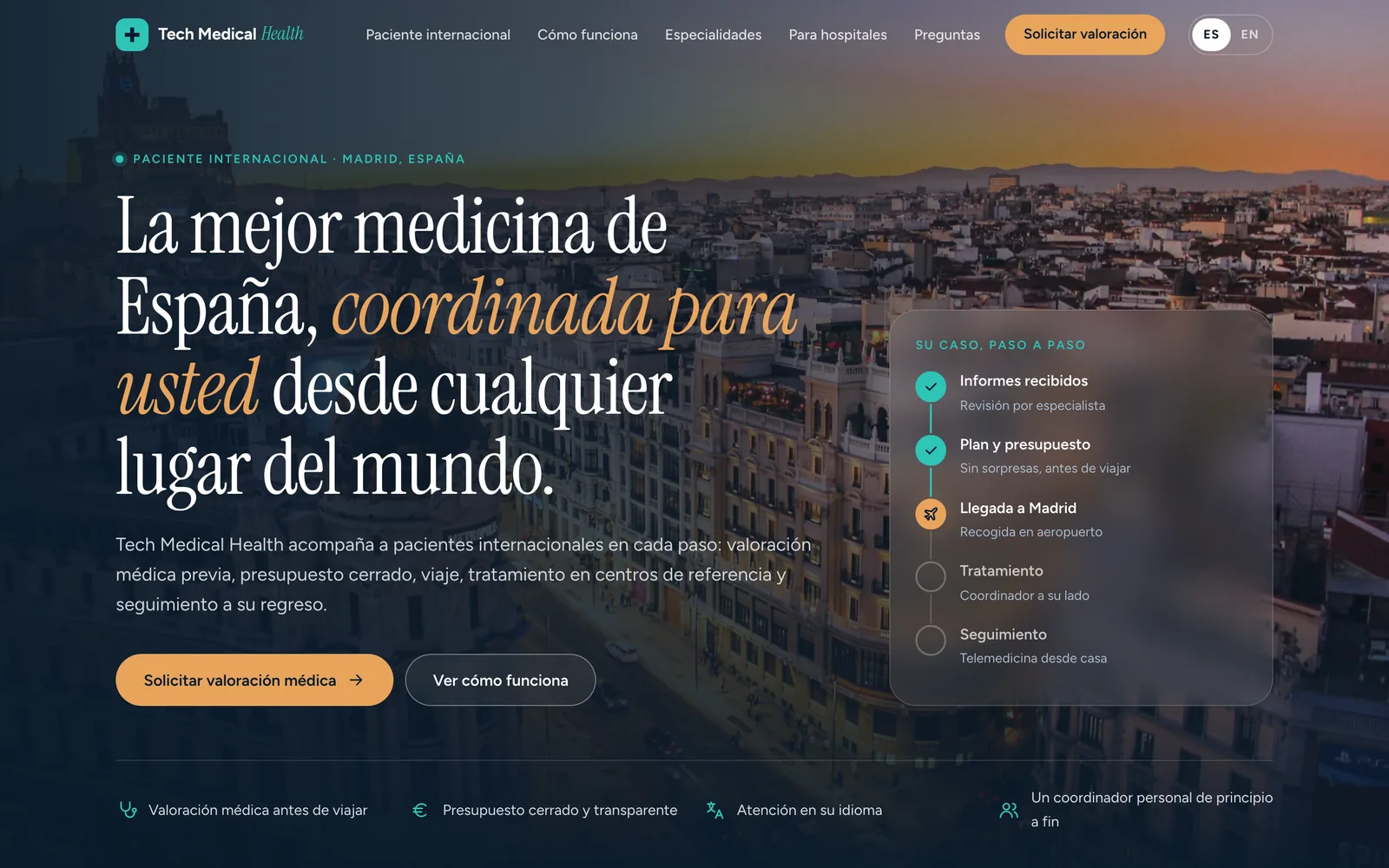 Web de Tech Medical Health: Madrid al atardecer y el titular para pacientes internacionales